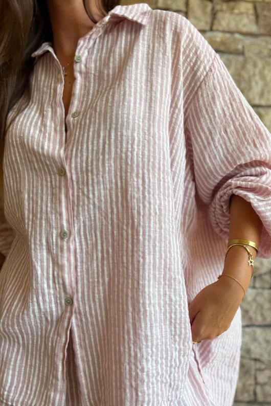 Sundaze Cheesecloth Chalk Stripe Boyfriend Shirt Rose